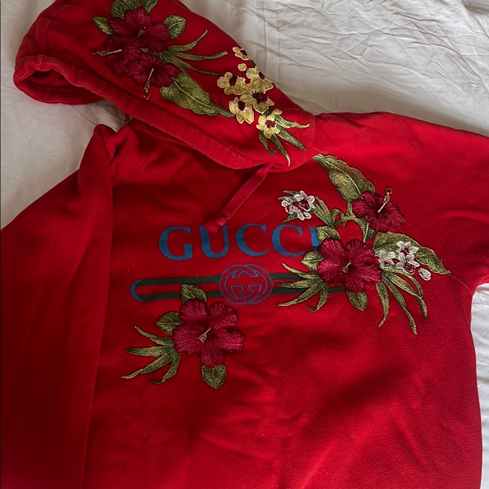 Gucci Red Floral Embroidered Hoodie